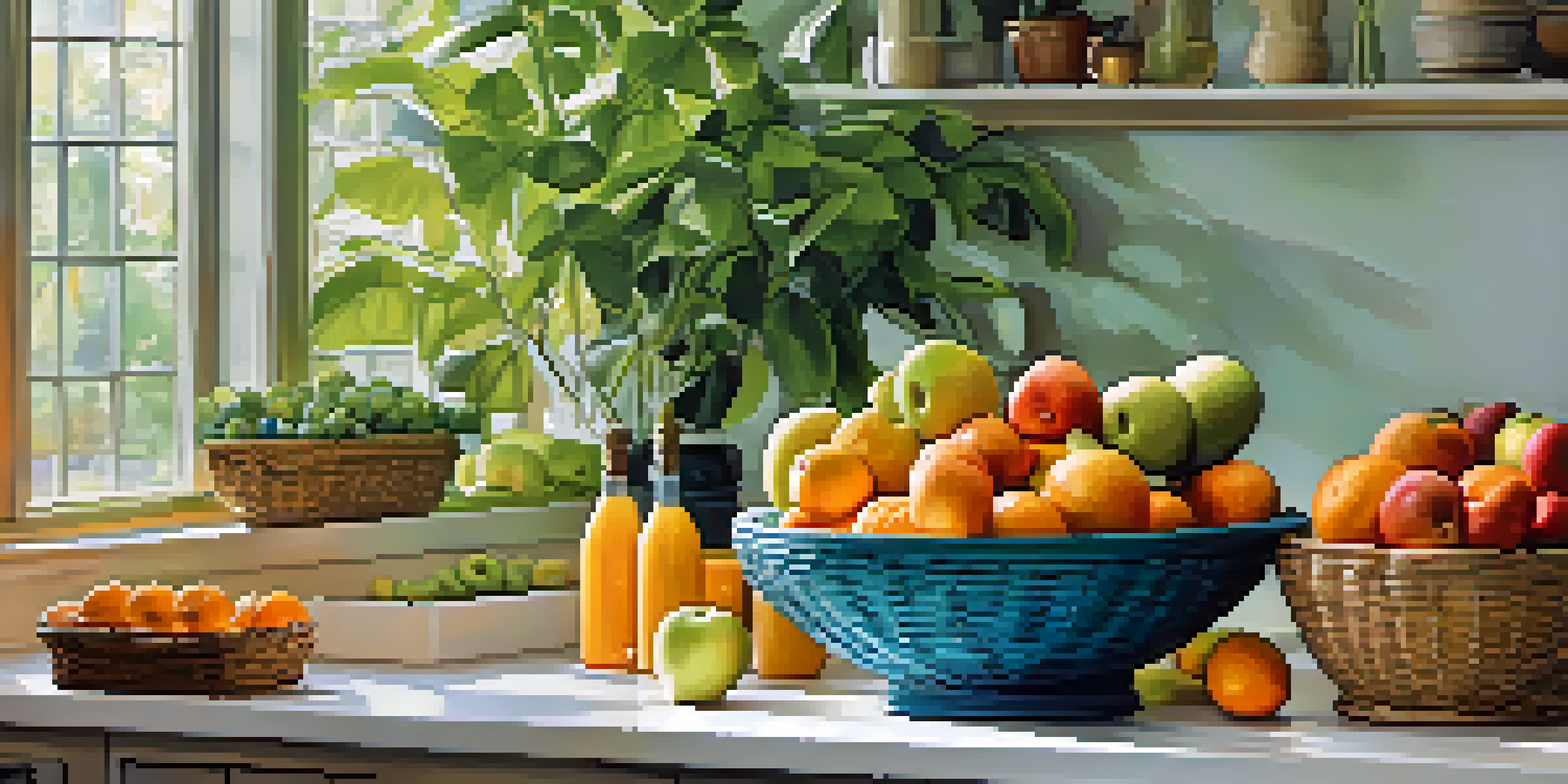 A kitchen countertop with tiered fruit baskets containing apples, bananas, and oranges, illuminated by natural light.