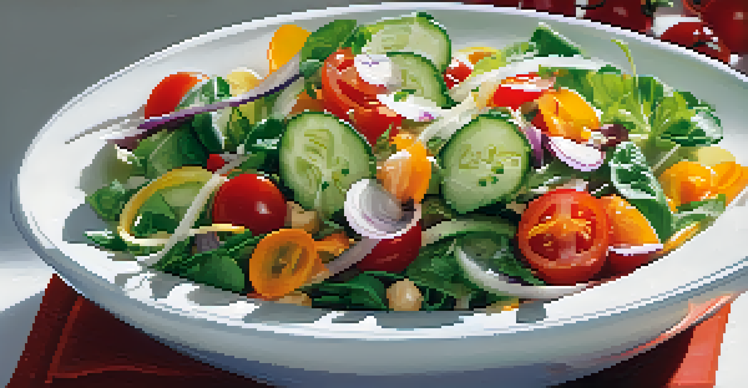 A close-up of a fresh salad with spinach, cherry tomatoes, shredded carrots, and cucumber in a white bowl, drizzled with vinaigrette.