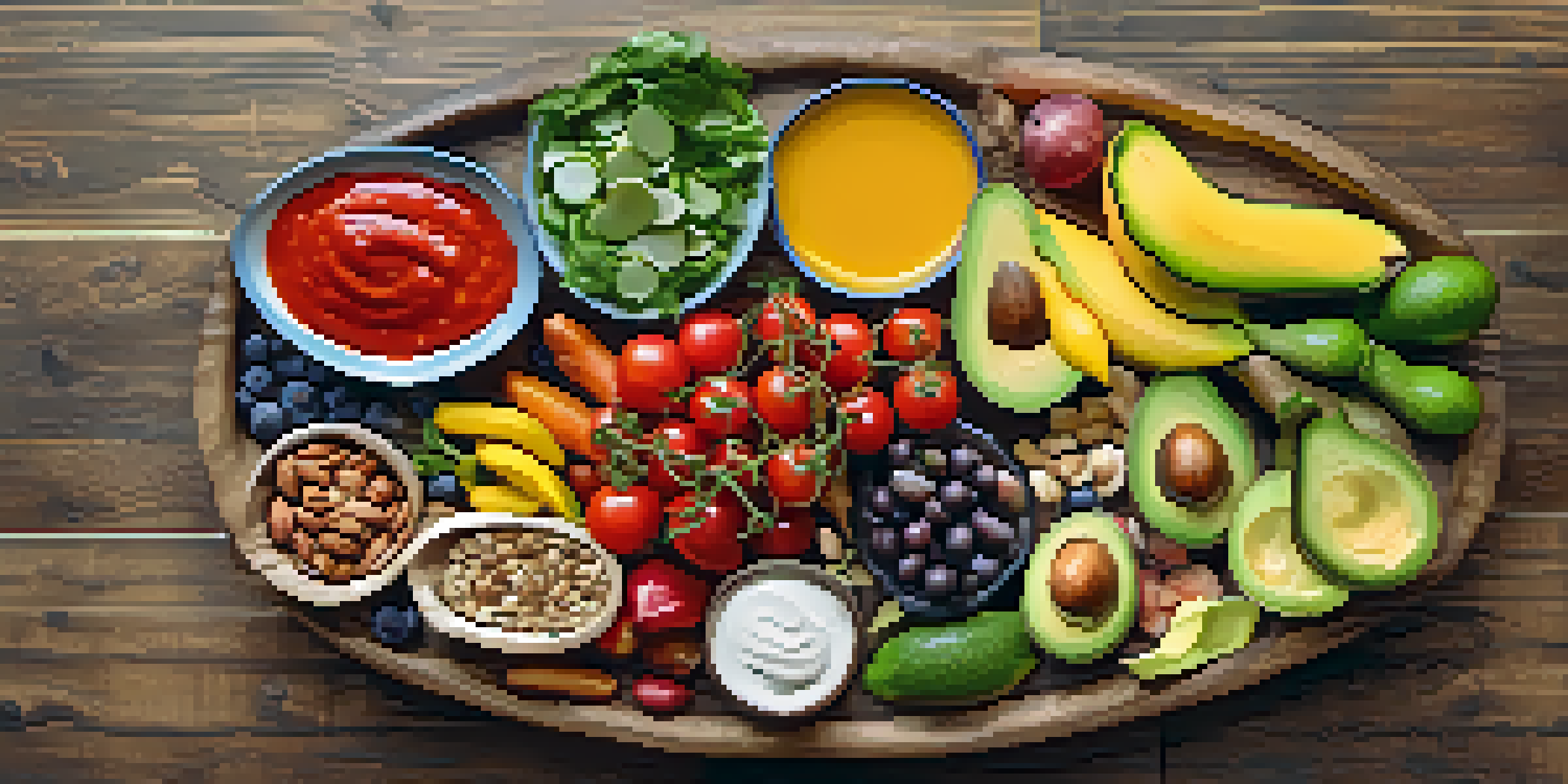 A colorful raw food platter with fresh vegetables, fruits, nuts, and dips on a rustic wooden table.