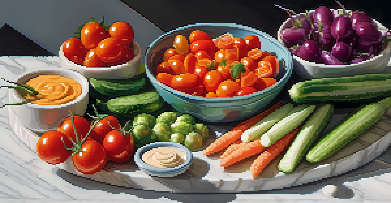 A raw vegetable platter with colorful veggies and hummus on a marble countertop, showcasing fresh textures and vibrant colors.