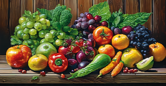 A colorful arrangement of fresh fruits and vegetables on a wooden table, showcasing their textures and freshness.