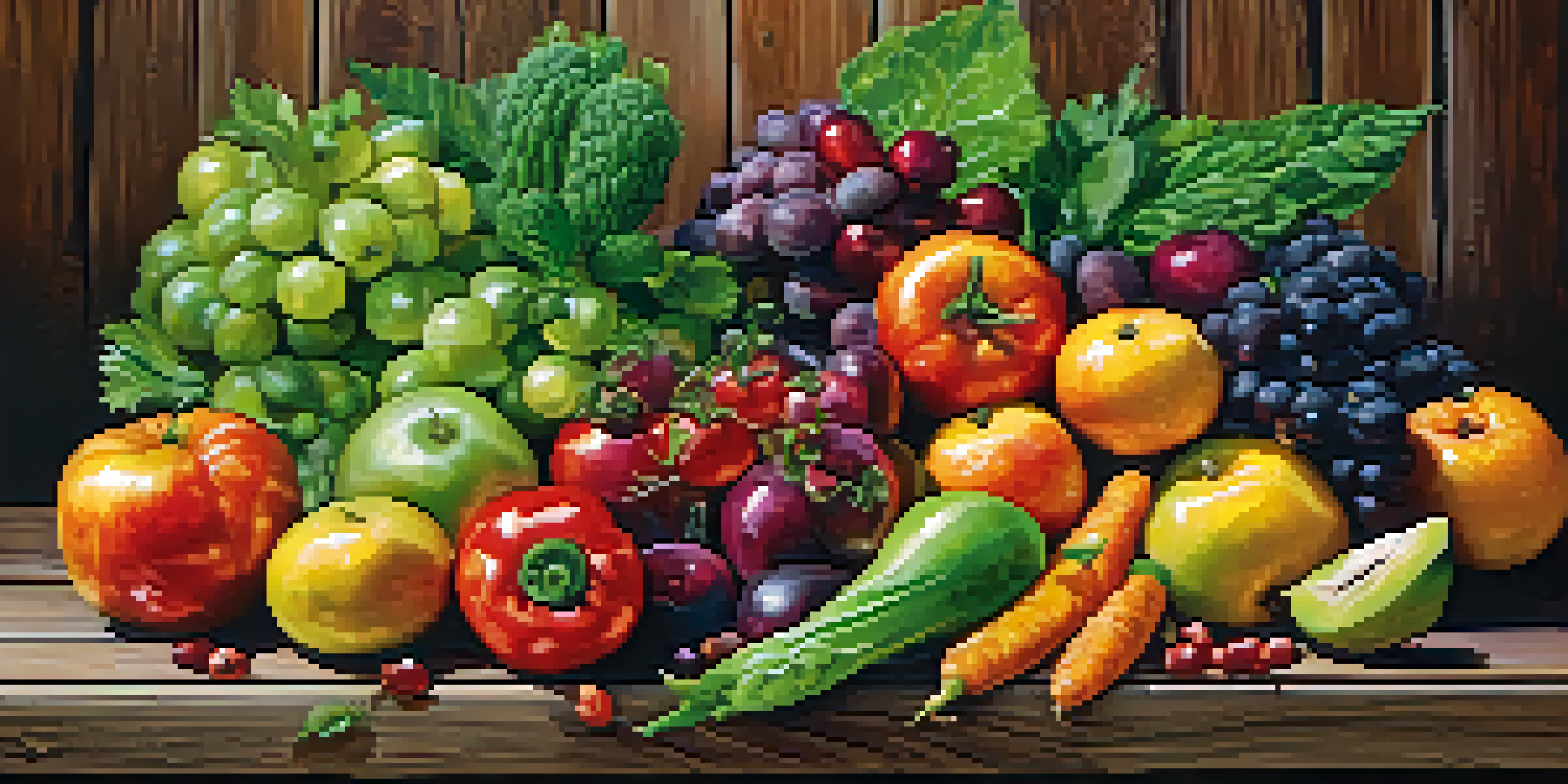 A colorful arrangement of fresh fruits and vegetables on a wooden table, showcasing their textures and freshness.