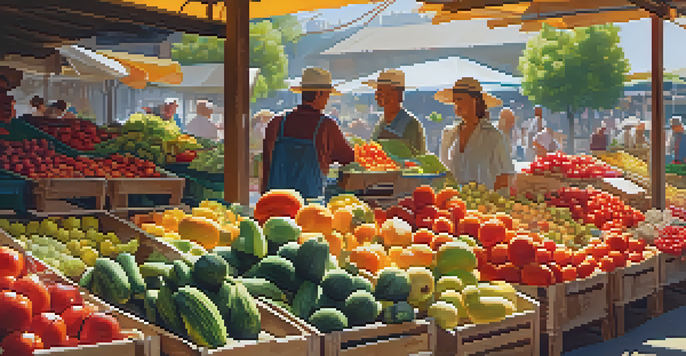 A lively farmer's market featuring colorful raw fruits and vegetables displayed in wooden crates under sunlight.