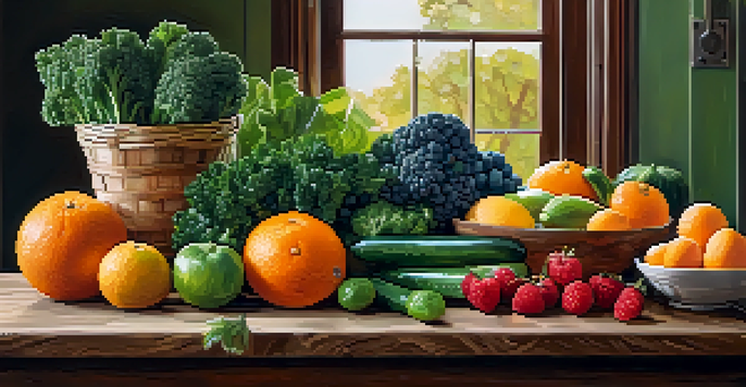 A wooden cutting board filled with an assortment of fresh raw fruits and vegetables, showcasing their vibrant colors and textures in a softly lit kitchen setting.
