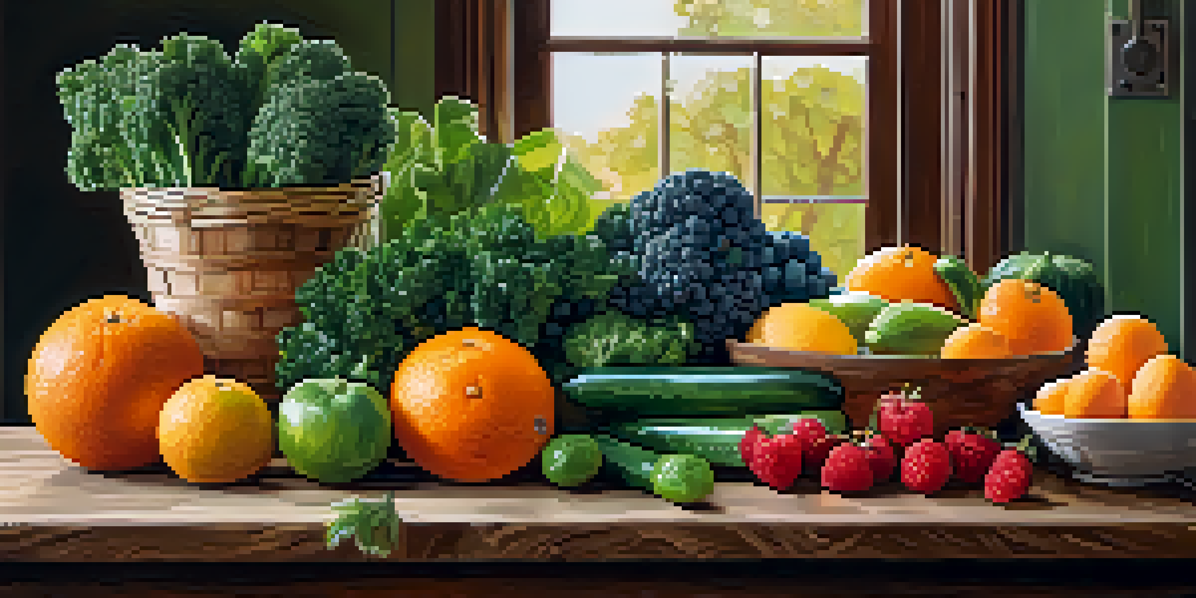 A wooden cutting board filled with an assortment of fresh raw fruits and vegetables, showcasing their vibrant colors and textures in a softly lit kitchen setting.