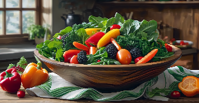 A colorful salad bowl filled with leafy greens, carrots, bell peppers, and berries, illuminated by natural light.