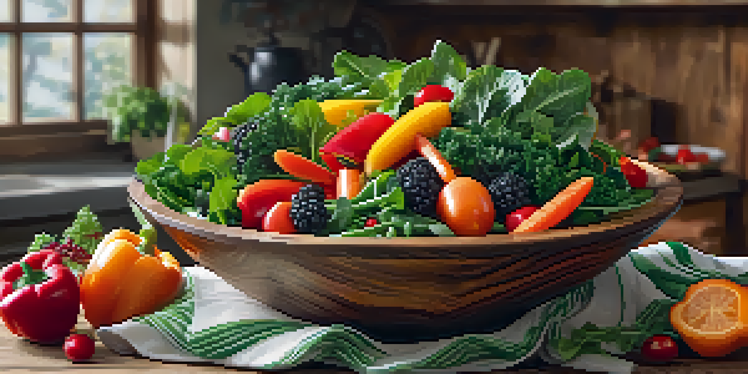A colorful salad bowl filled with leafy greens, carrots, bell peppers, and berries, illuminated by natural light.