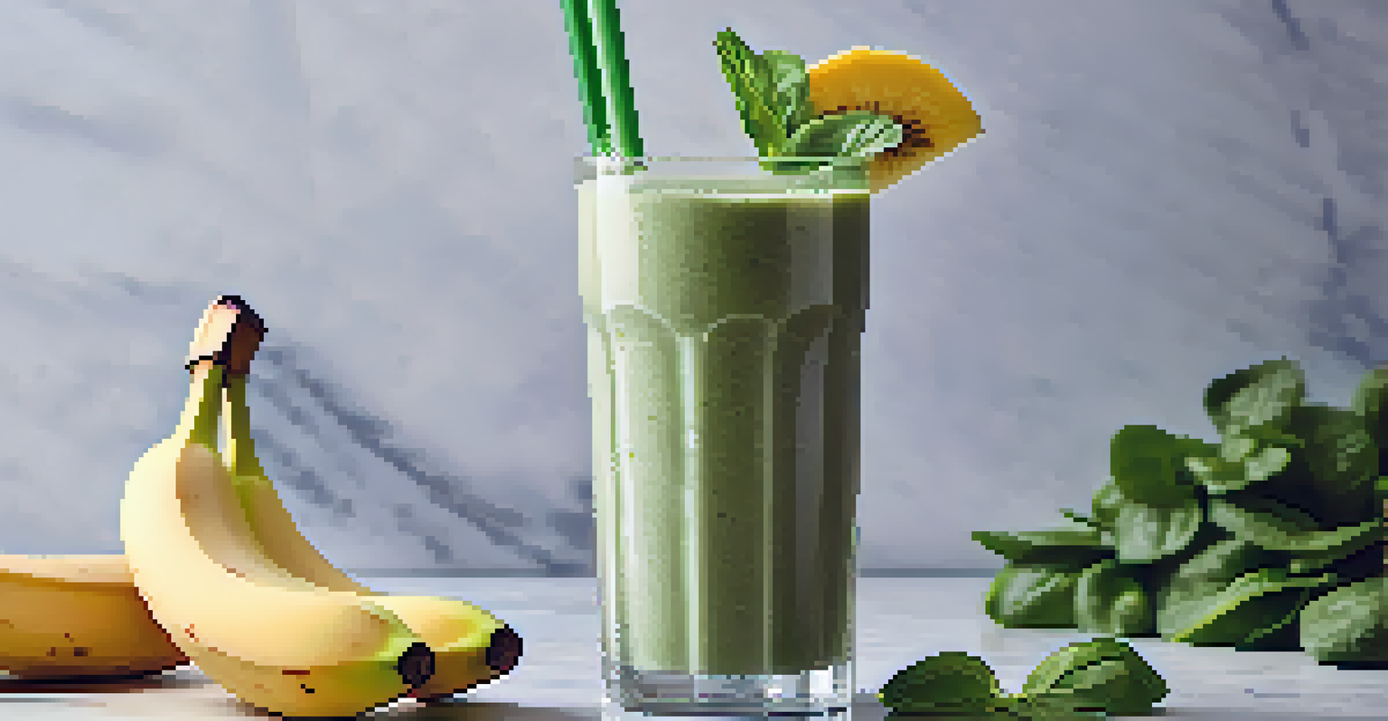 A green smoothie in a clear glass, made with spinach, banana, and almond milk, surrounded by fresh ingredients on a marble countertop.