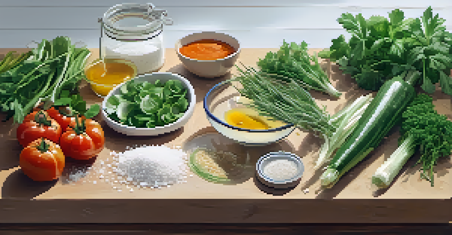 An overhead view of fresh vegetables, salt, and starter culture for fermentation on a clean countertop.