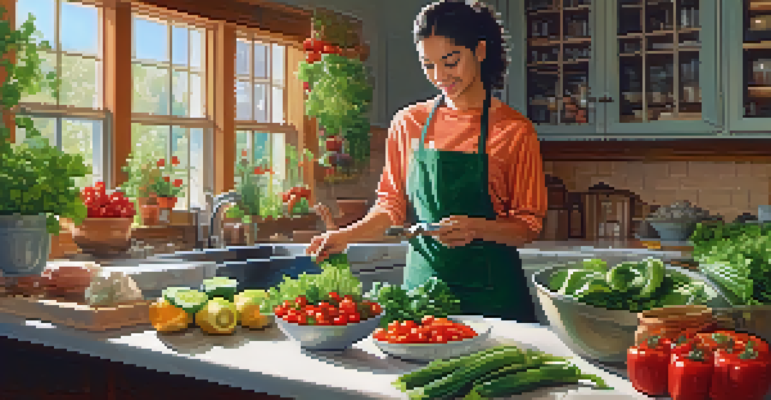 A person in a kitchen preparing a raw vegan salad with fresh vegetables under warm sunlight.