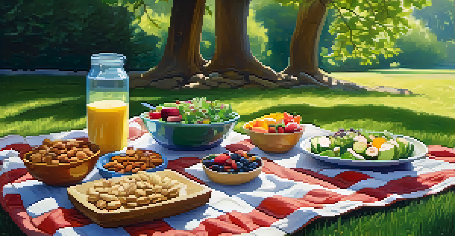 A picnic scene with raw food dishes on a blanket in a sunny outdoor setting.