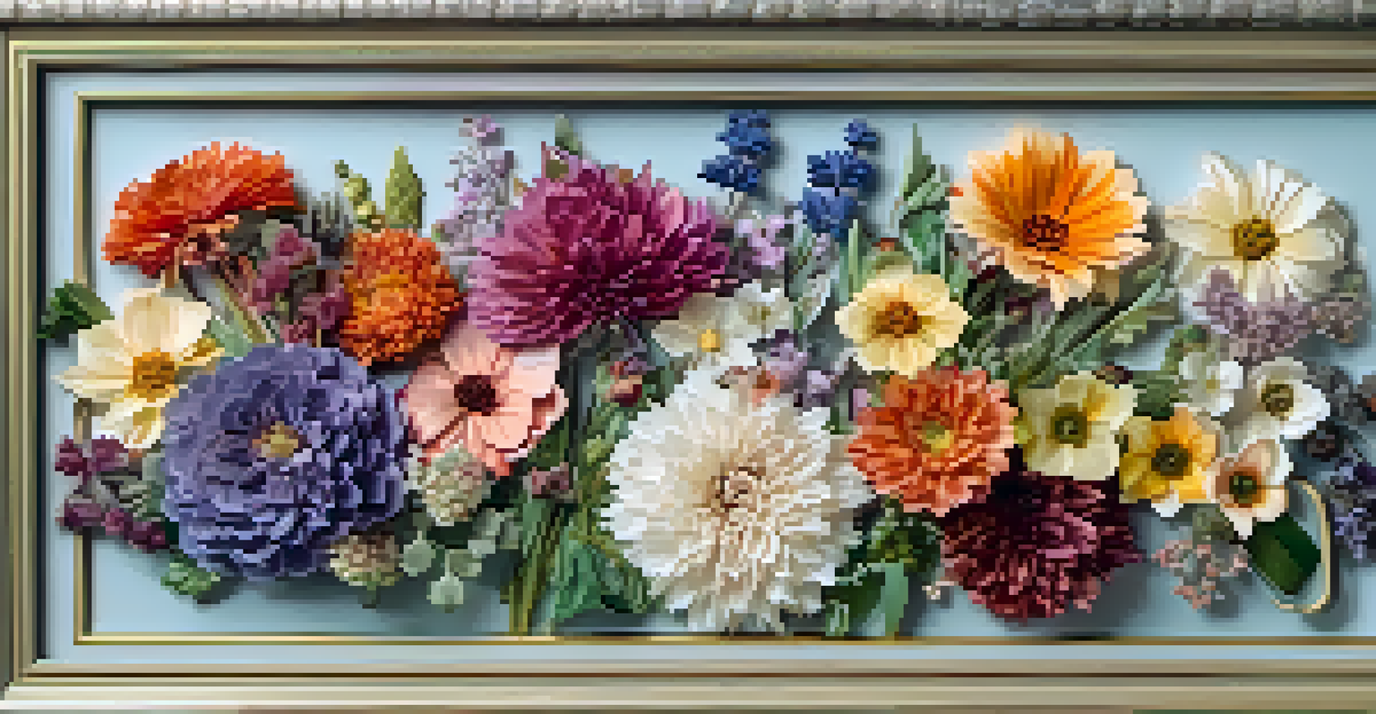 A framed piece of pressed flower art featuring various colorful blooms against a pastel background.