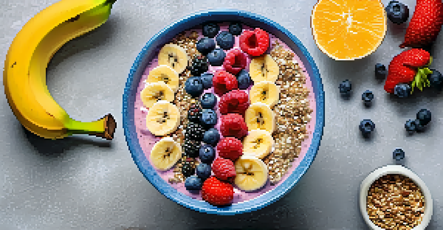 A close-up of a colorful raw smoothie bowl topped with bananas, chia seeds, and berries, served in a coconut shell.