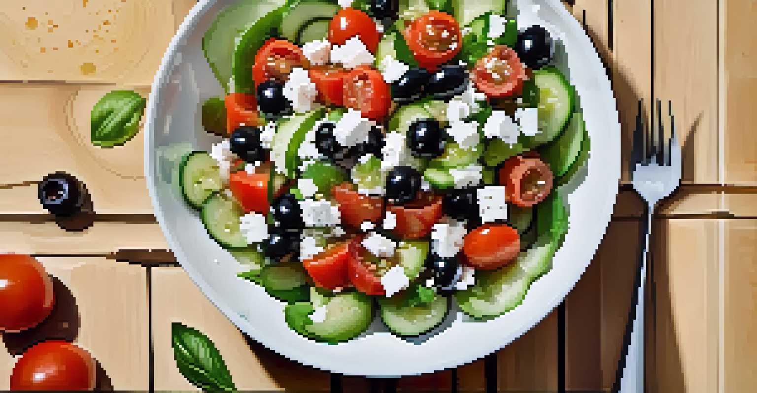 A Mediterranean raw salad made of tomatoes, cucumbers, olives, and feta cheese in a white bowl on a marble countertop.