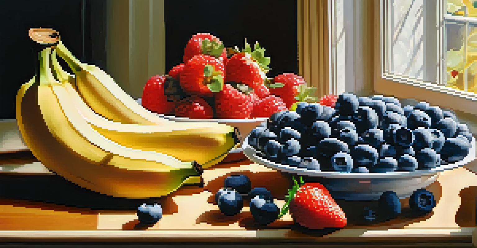 A close-up of fresh fruits including blueberries, strawberries, and bananas on a white plate, illuminated by soft sunlight.