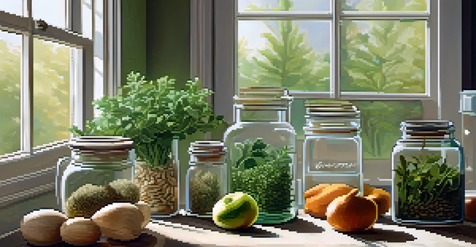 A wooden kitchen table with jars of adaptogenic herbs and fresh fruits and vegetables, illuminated by sunlight.