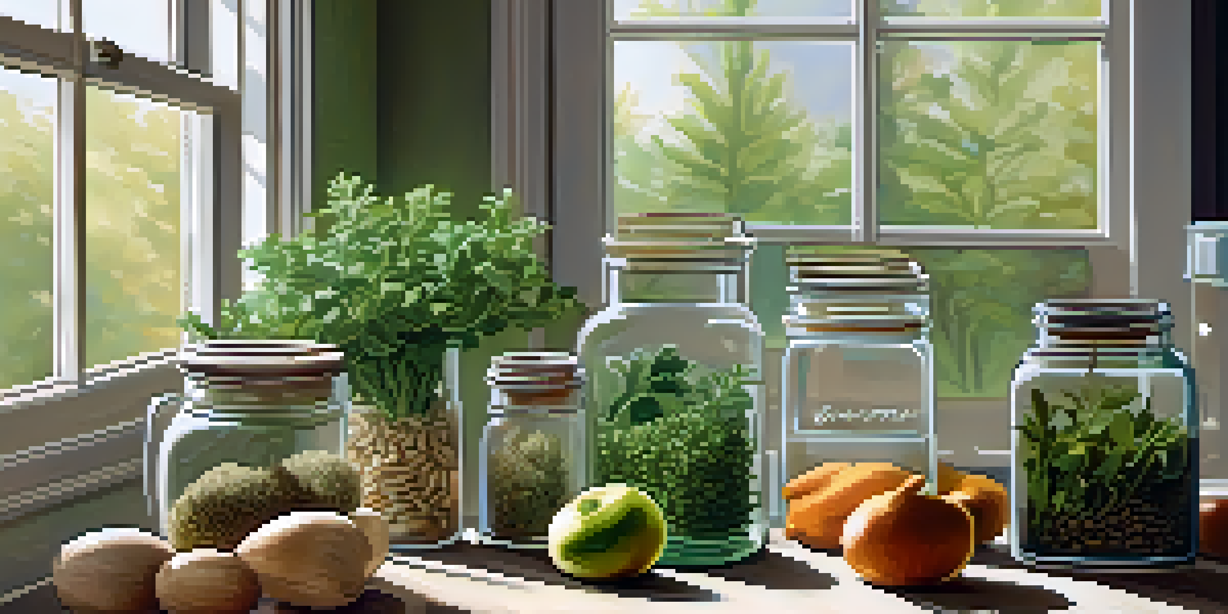 A wooden kitchen table with jars of adaptogenic herbs and fresh fruits and vegetables, illuminated by sunlight.