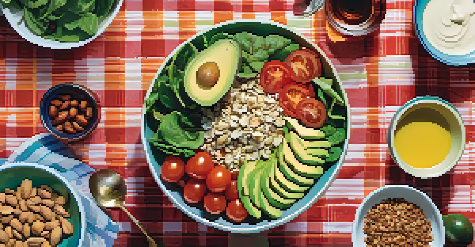 An overhead view of a colorful raw salad bowl with mixed greens, cherry tomatoes, and avocados, set on a vibrant tablecloth.