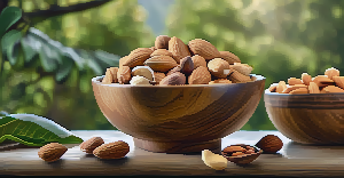 A wooden bowl filled with a variety of raw nuts like almonds, cashews, and walnuts, with a blurred green outdoor background.