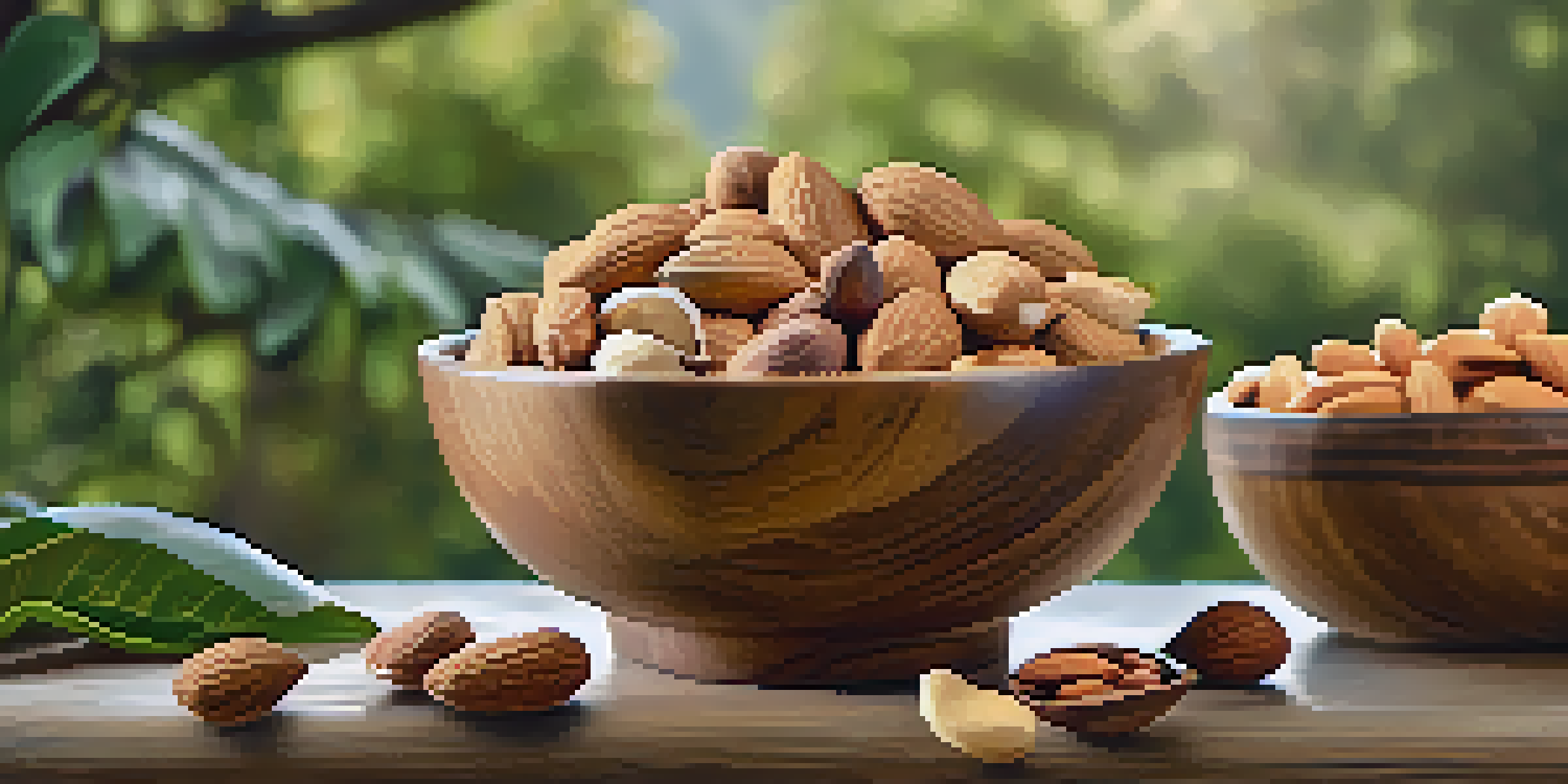A wooden bowl filled with a variety of raw nuts like almonds, cashews, and walnuts, with a blurred green outdoor background.