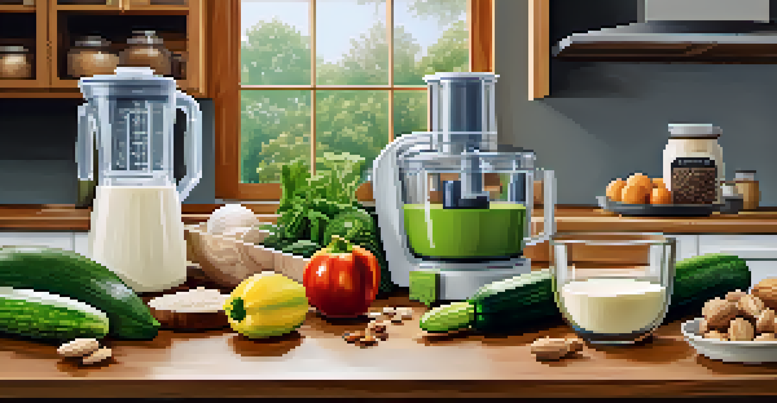 A wooden kitchen counter featuring various raw food preparation tools and fresh ingredients arranged artistically.