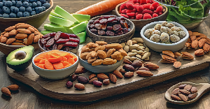 A colorful display of raw snacks including energy balls, trail mix, and veggie wraps on a wooden table, beautifully lit by natural light.