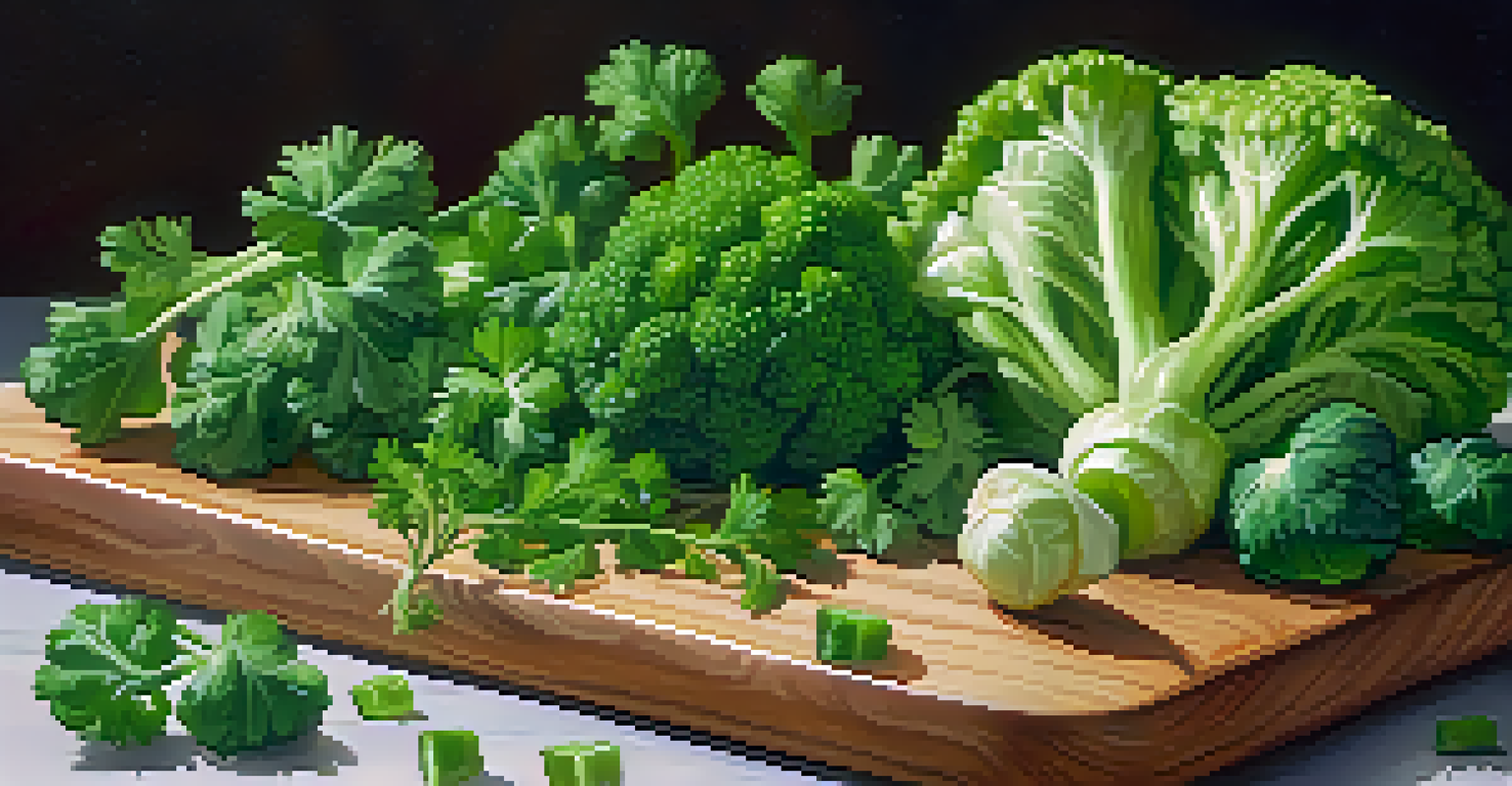 Freshly chopped herbs including parsley, cilantro, and basil on a cutting board, with whole broccoli and Brussels sprouts in the background.