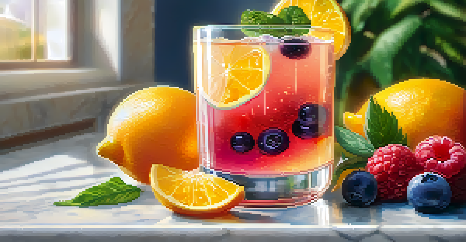 A glass of fizzy kombucha surrounded by fresh fruits, placed on a marble countertop with warm lighting.