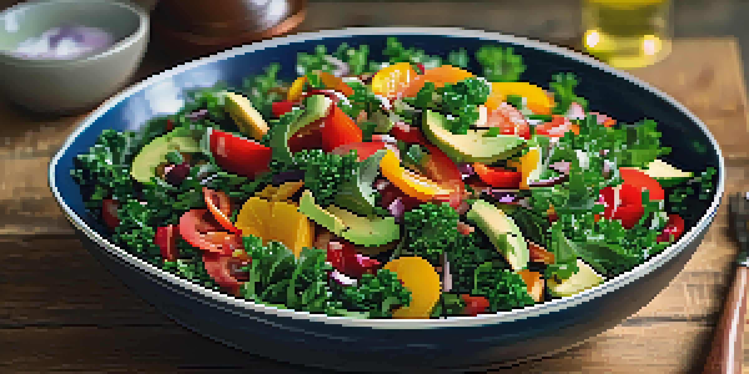 A colorful raw veggie salad with kale, bell peppers, carrots, cherry tomatoes, and avocado, drizzled with lemon juice and olive oil, placed on a rustic wooden table.