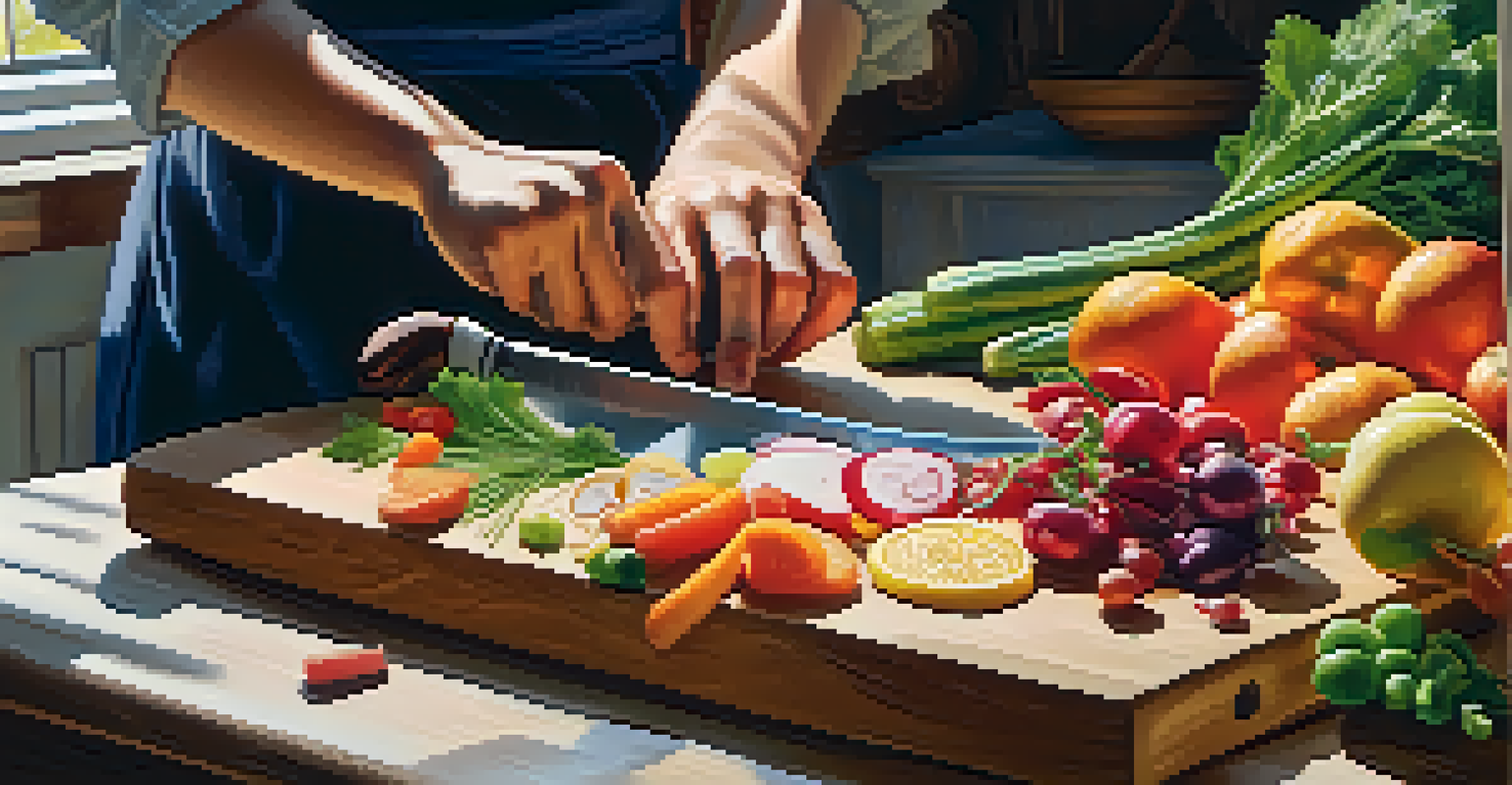 Close-up of hands preparing fresh raw ingredients on a wooden cutting board, showcasing vibrant vegetables and fruits in a softly lit kitchen.