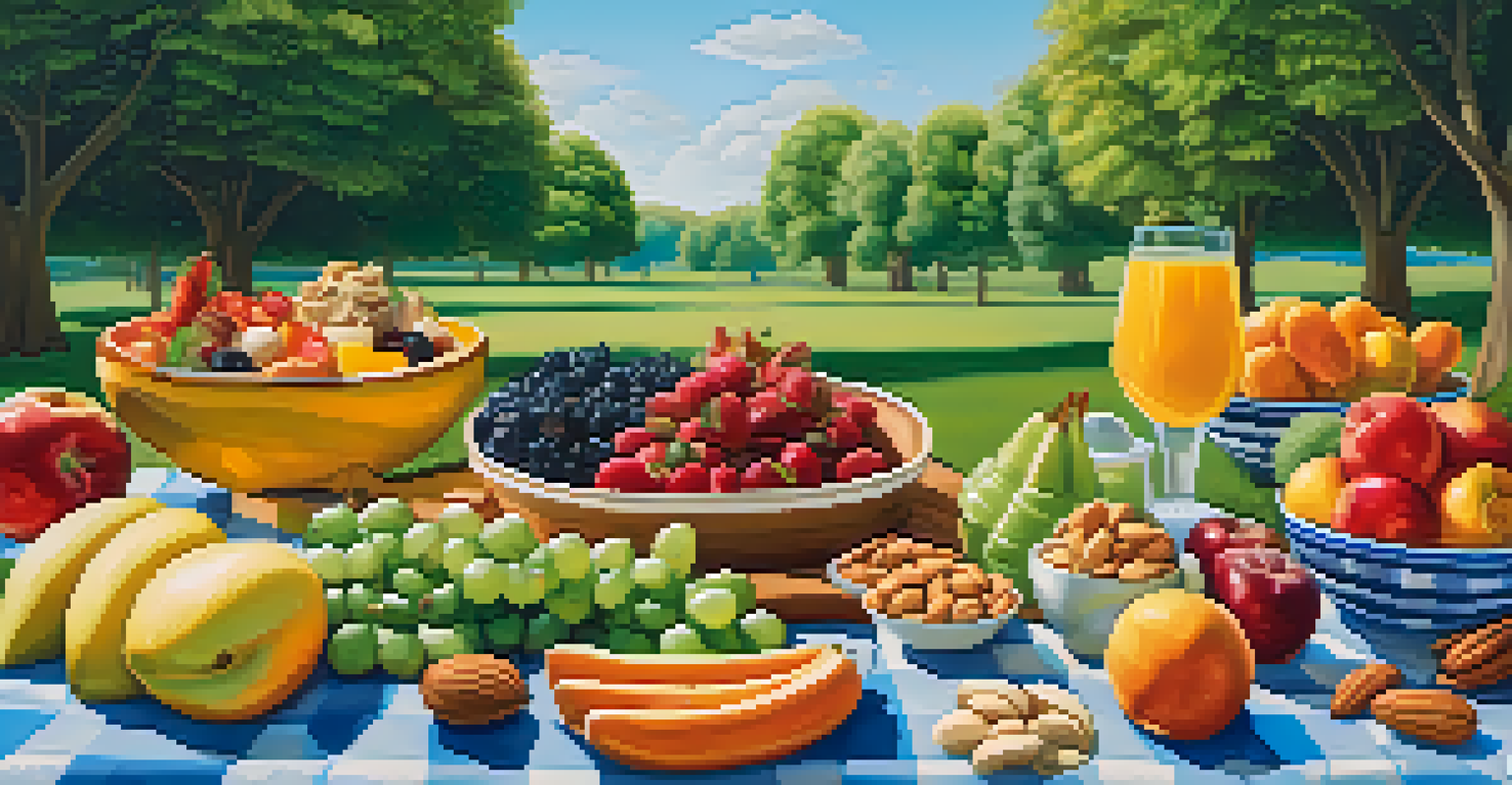 An outdoor picnic with a spread of raw fruits, nuts, and vegetables on a blanket in a park.