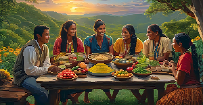 An outdoor gathering of an indigenous community with people sharing raw foods, surrounded by greenery and wildflowers during sunset.