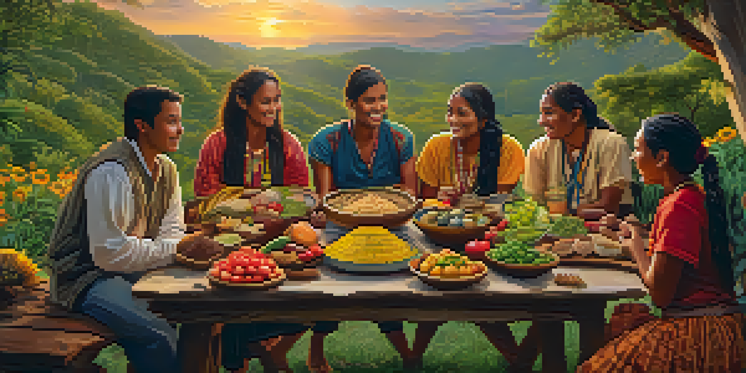 An outdoor gathering of an indigenous community with people sharing raw foods, surrounded by greenery and wildflowers during sunset.