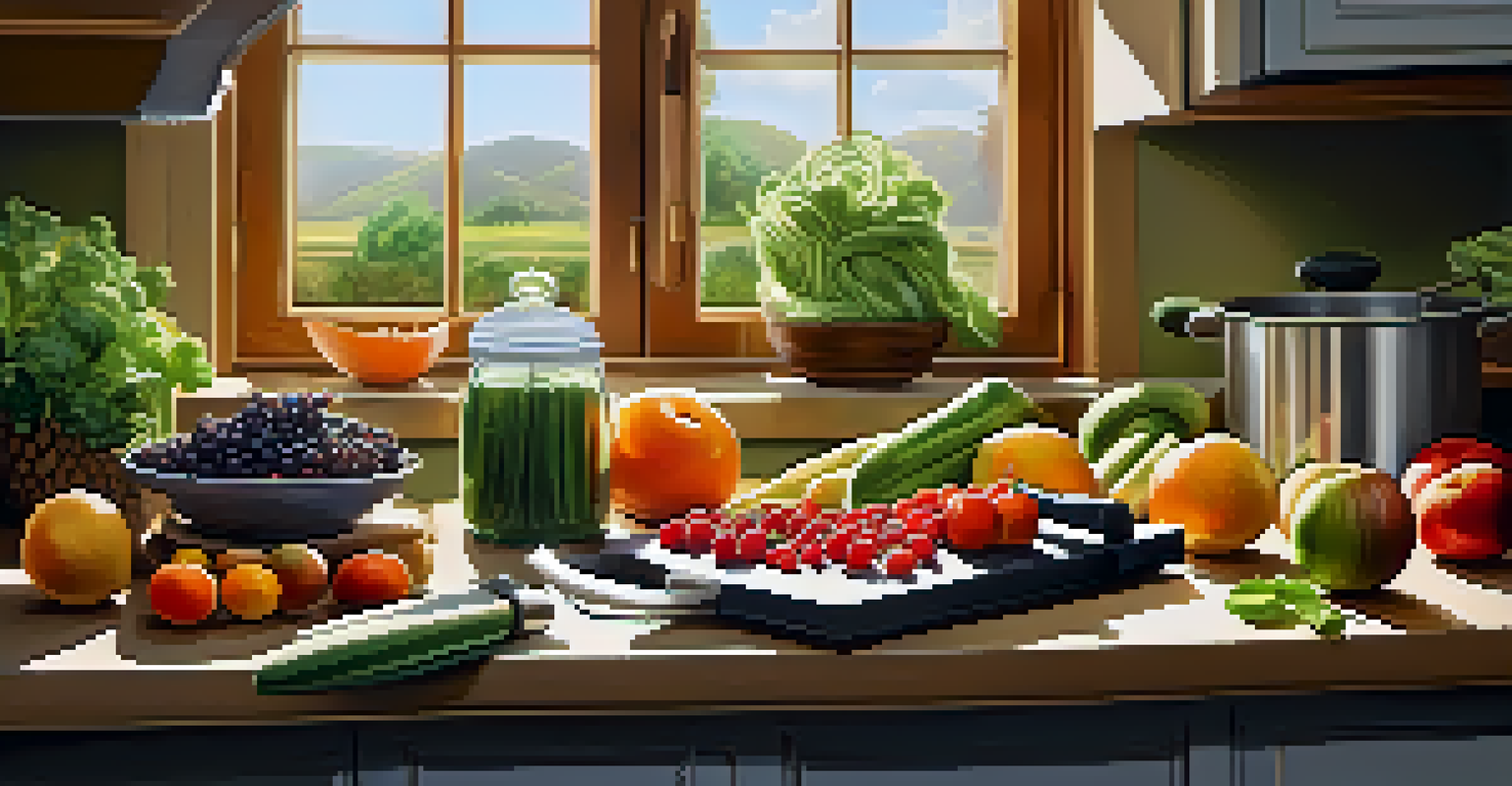 A kitchen countertop with a knife, cutting board, blender, spiralizer, and fresh organic fruits and vegetables, illuminated by sunlight.