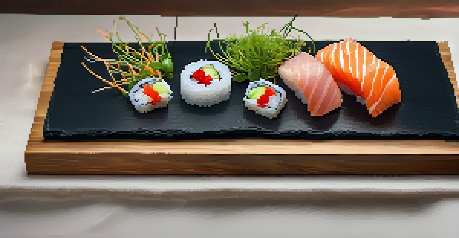 A beautifully arranged sushi platter with raw fish and vegetables on a black slate board, garnished with microgreens.