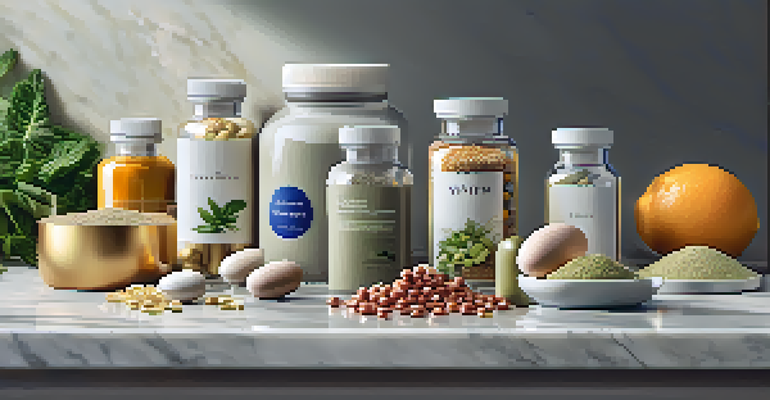 A stylish arrangement of nutritional supplements on a marble countertop, surrounded by fresh herbs and fruits.