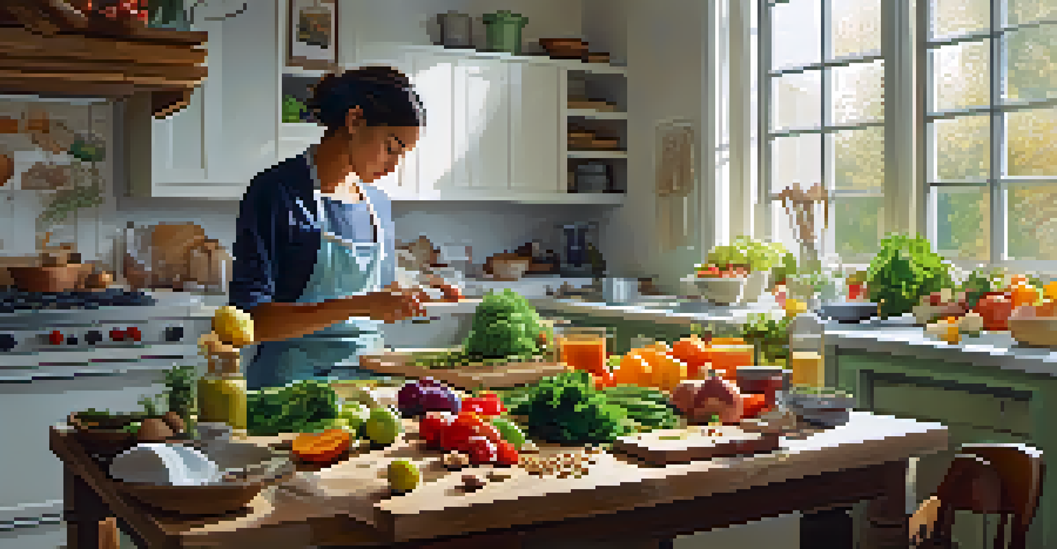 A person preparing a raw food meal in a well-lit kitchen, chopping colorful vegetables with fresh ingredients around.