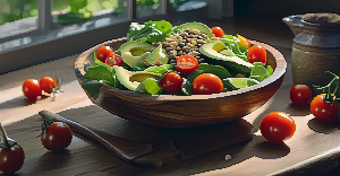 A bright and colorful raw food salad in a wooden bowl, with greens, avocado, tomatoes, and seeds, illuminated by natural sunlight.