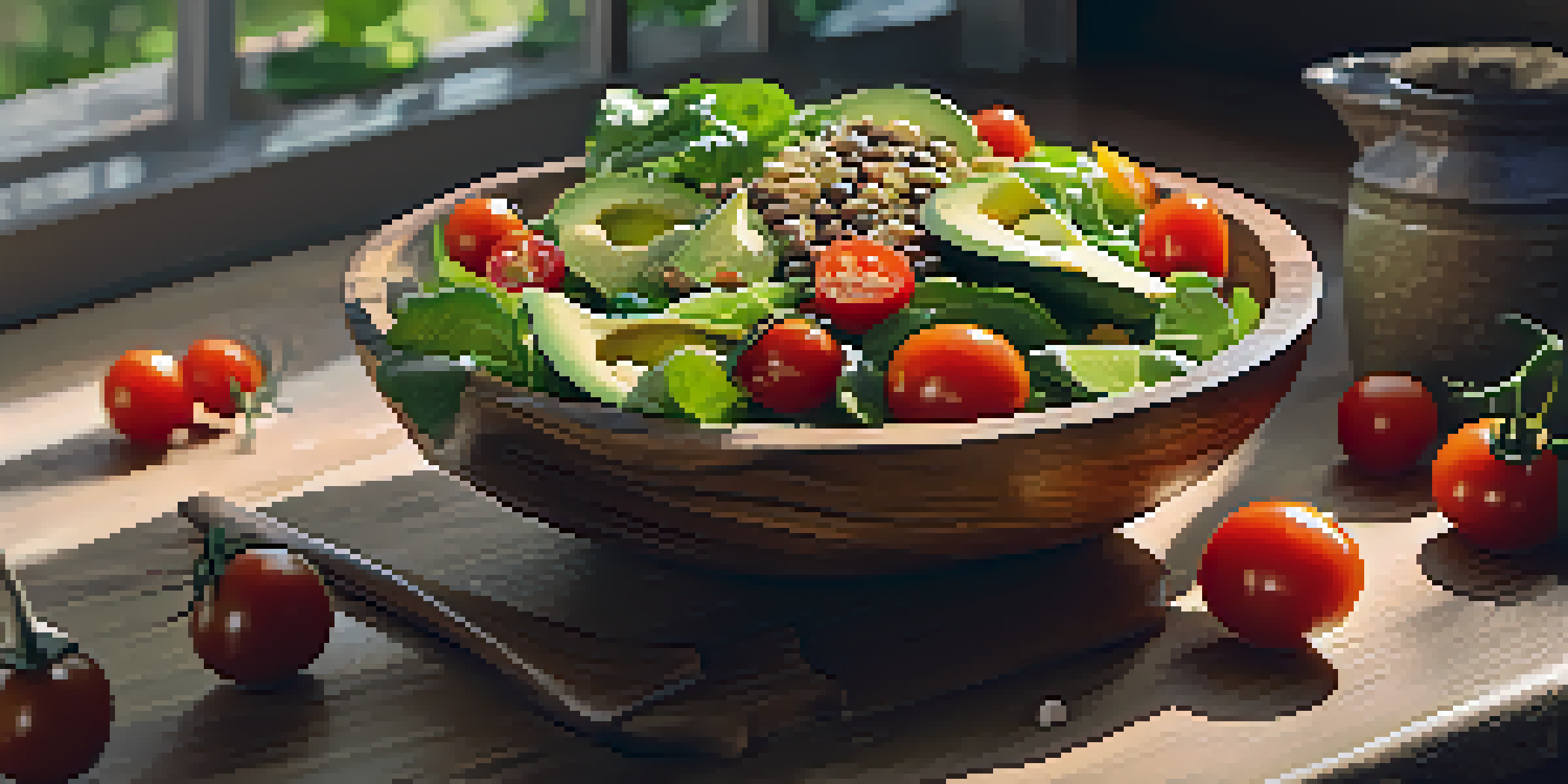 A bright and colorful raw food salad in a wooden bowl, with greens, avocado, tomatoes, and seeds, illuminated by natural sunlight.