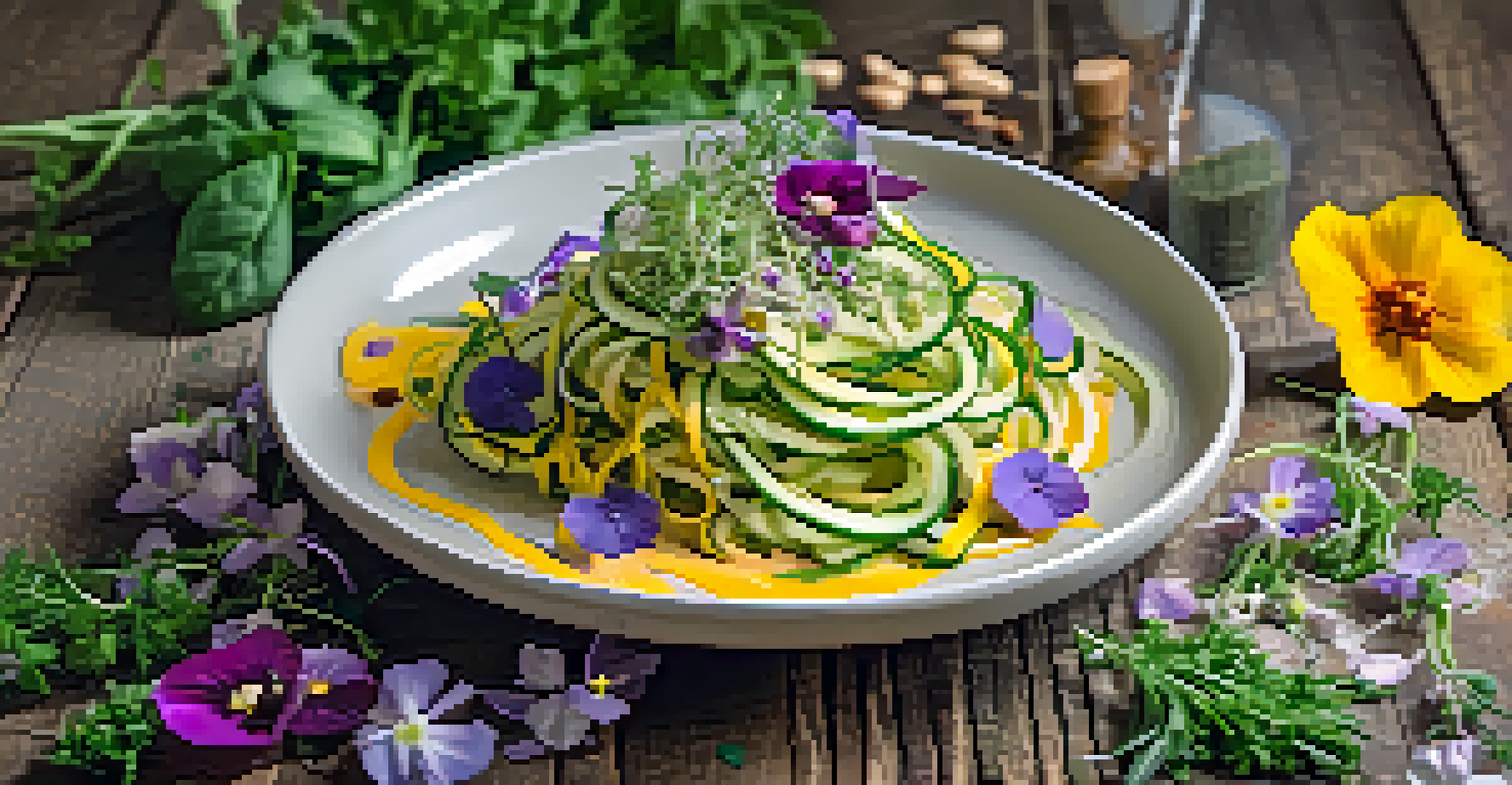 A creatively plated dish of spiralized zucchini noodles with a nut-based sauce and garnishes on a rustic table.
