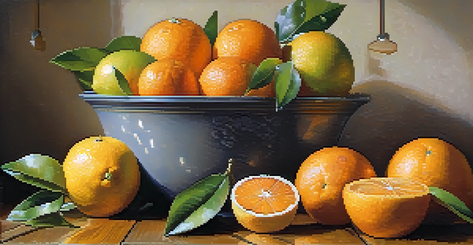 A colorful display of fresh citrus fruits on a wooden table, with droplets of water on their surfaces, illuminated by soft natural light.