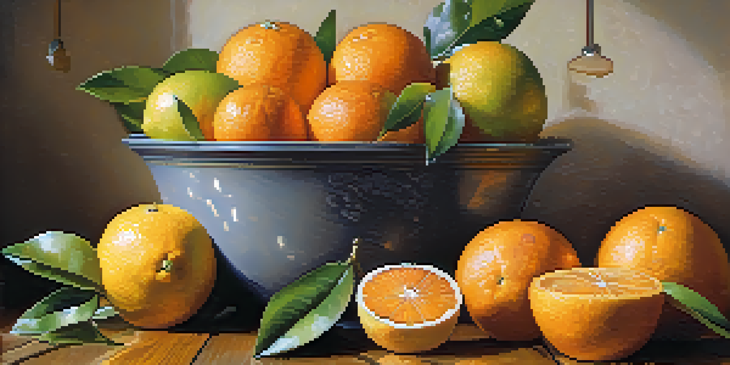 A colorful display of fresh citrus fruits on a wooden table, with droplets of water on their surfaces, illuminated by soft natural light.