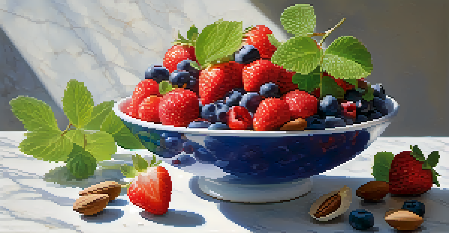 A colorful raw fruit bowl with nuts and seeds on a marble countertop, illuminated by morning light.