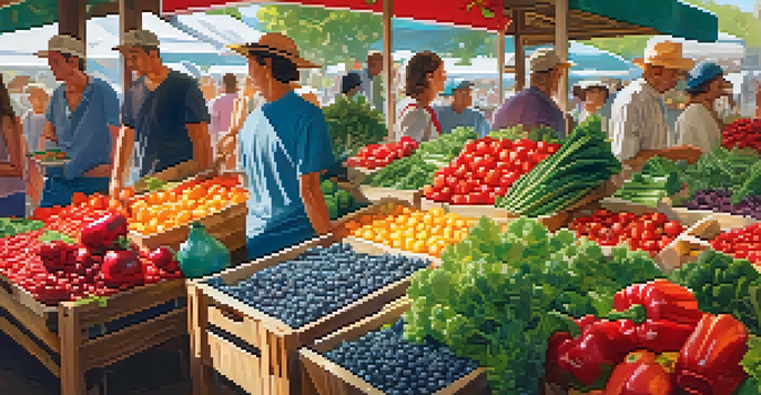 A bustling fresh food market filled with colorful fruits and vegetables, with sunlight illuminating the produce.