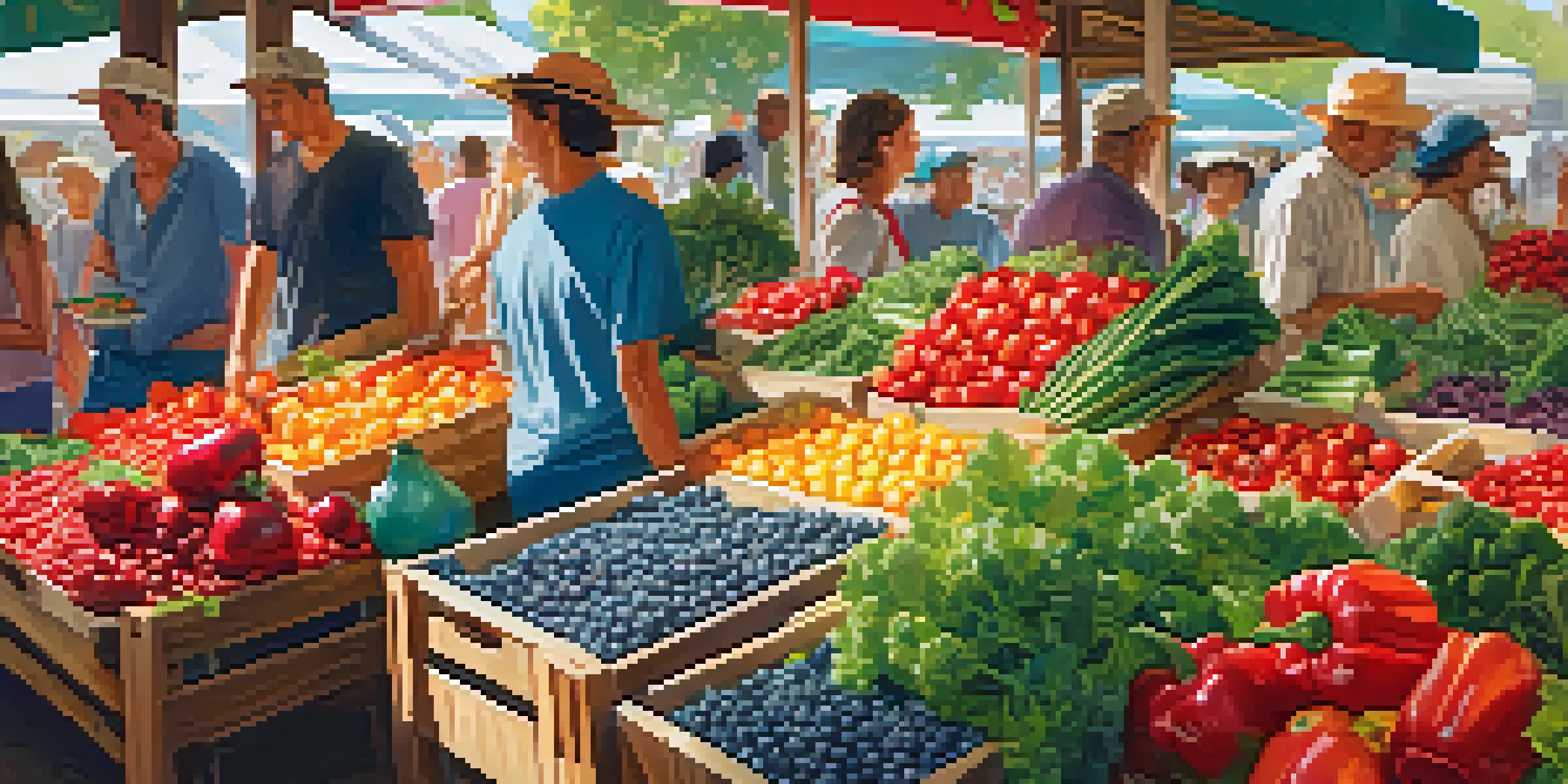 A bustling fresh food market filled with colorful fruits and vegetables, with sunlight illuminating the produce.