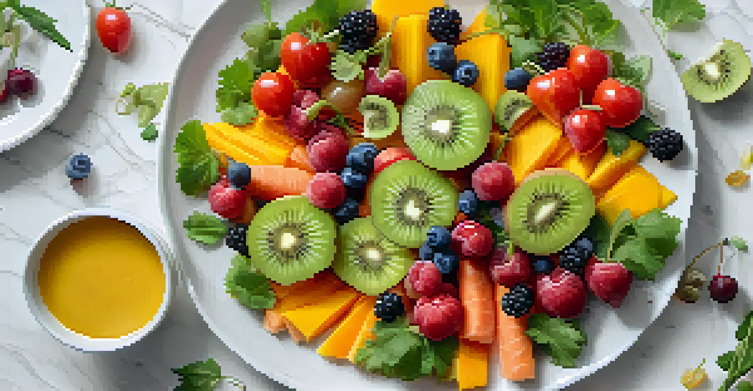An overhead view of a colorful raw food platter with fruits and vegetables on a marble table.