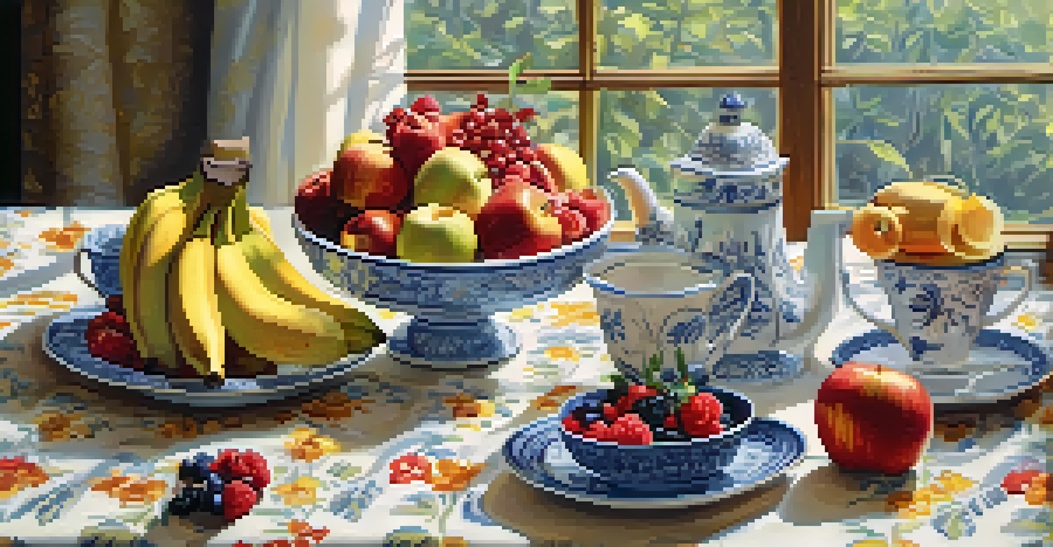 A breakfast table with a bowl of fresh fruits, a cup of coffee, and a vase of flowers, all bathed in natural light.