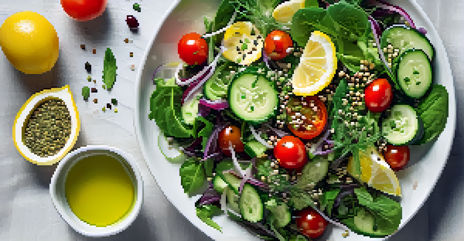 A fresh salad with leafy greens, cherry tomatoes, cucumbers, and hemp seeds on a white plate.