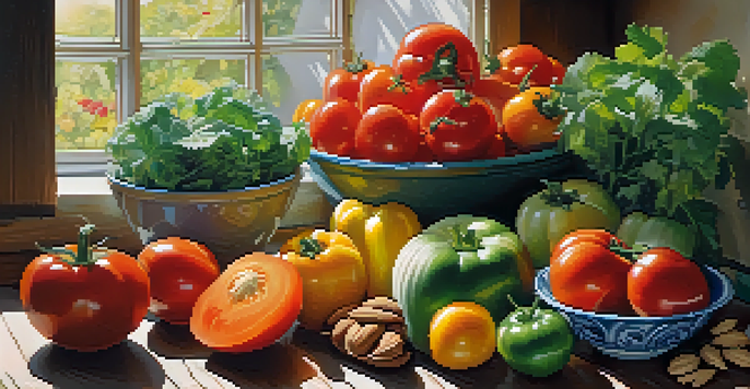 A bright and colorful display of fresh fruits and vegetables on a wooden table, with sunlight illuminating the scene.
