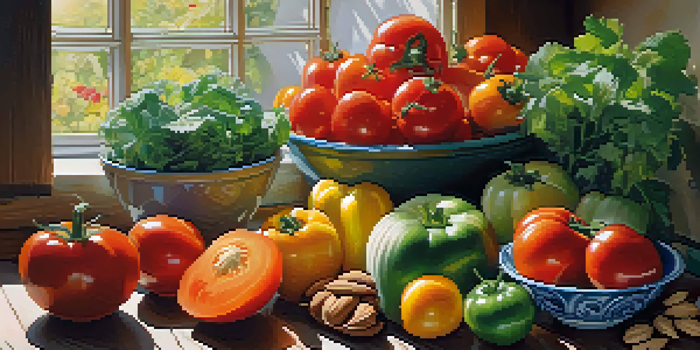 A bright and colorful display of fresh fruits and vegetables on a wooden table, with sunlight illuminating the scene.